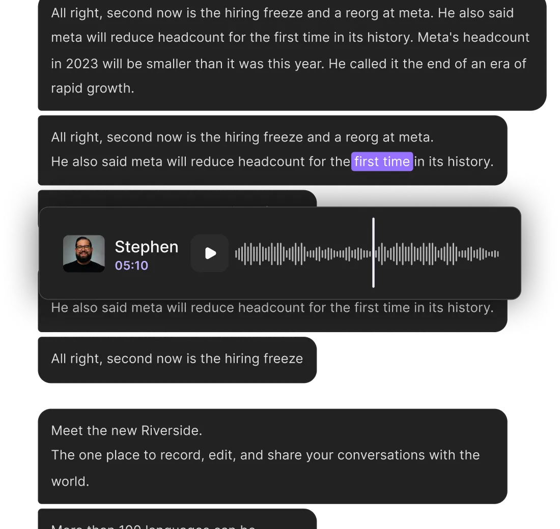 Screenshot showing text snippets discussing Meta's hiring freeze and headcount reduction, with an audio player featuring a speaker named Stephen and a play button.